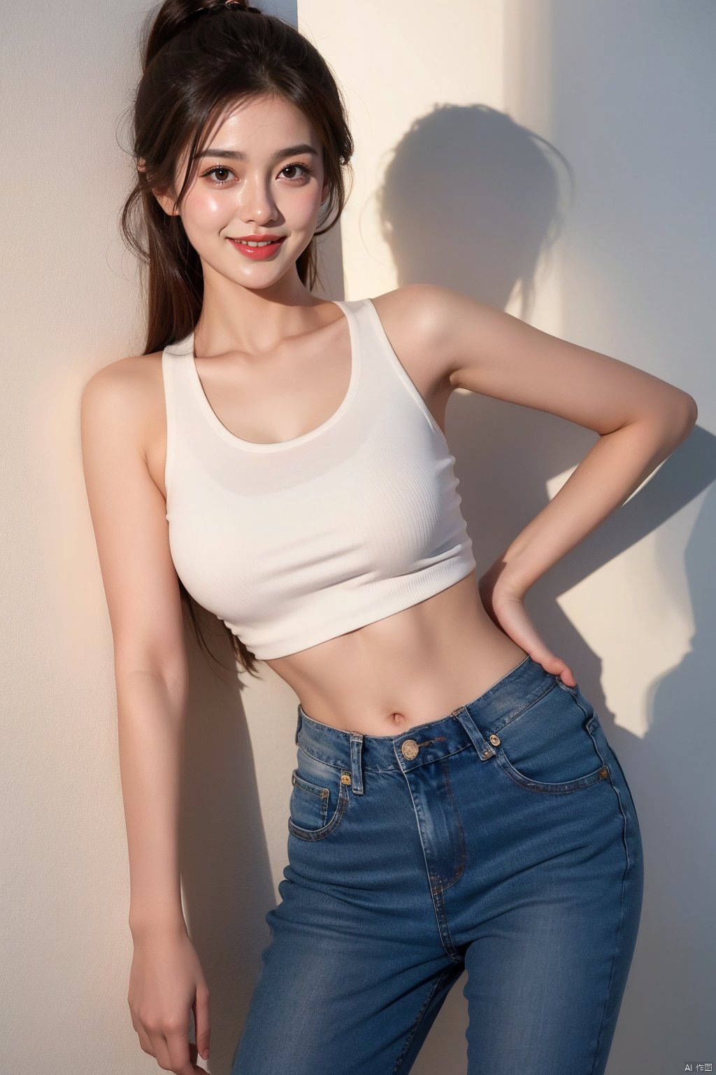 1girl, solo, breasts, looking at viewer, smile, brown hair, black hair, navel, bare shoulders, brown eyes, jewelry, closed mouth, standing, collarbone, cowboy shot, midriff, pants, lips, shadow, tank top, denim, jeans, realistic, arms at sides