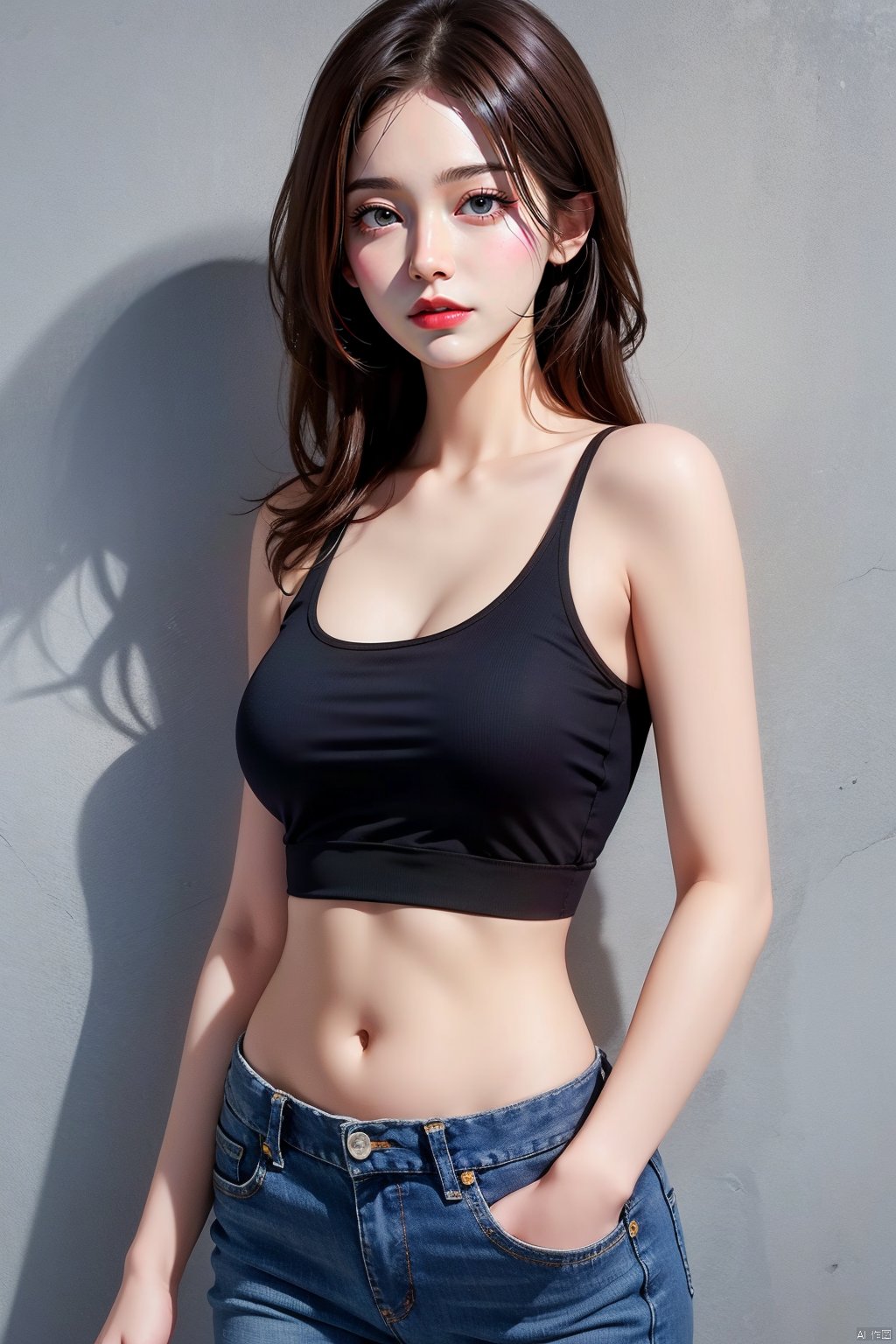 1girl, solo, breasts, looking at viewer, smile, brown hair, black hair, navel, bare shoulders, brown eyes, jewelry, closed mouth, standing, collarbone, cowboy shot, midriff, pants, lips, shadow, tank top, denim, jeans, realistic, arms at sides