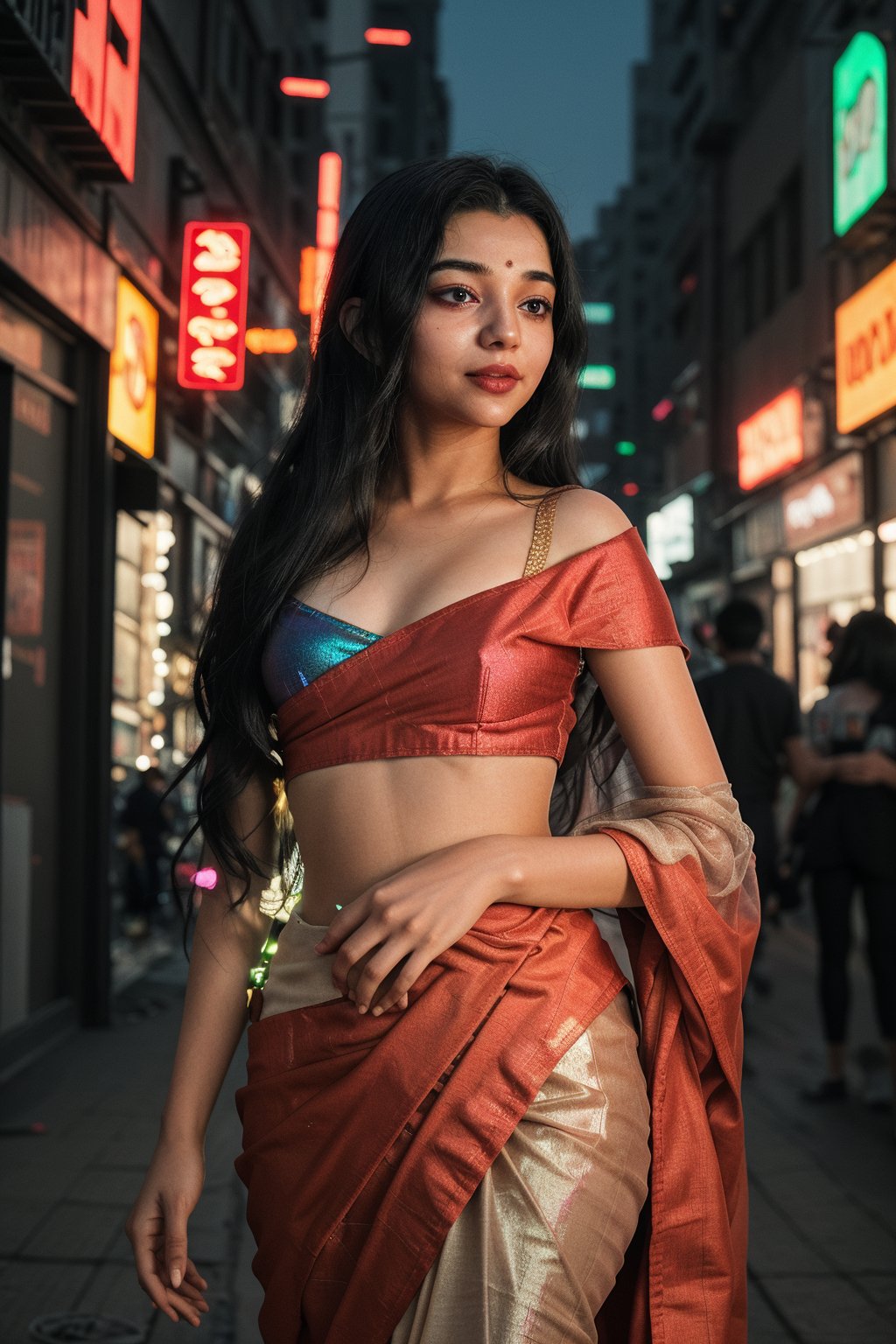 In the cyberpunk world of neon-lit alleys and holographic advertisements, a mystical fantasy bioluminescent woman emerges. The 18-year-old subject stands confidently, her symmetrical face aglow with glowing dots that pulse softly. A flowing neon saree wraps around her lithe figure, emitting a gentle hum as it reacts to her bio-glow. Delicate lines of neon tracing patterns on her skin seem to shift and shimmer in harmony with the light particles dancing across her body.