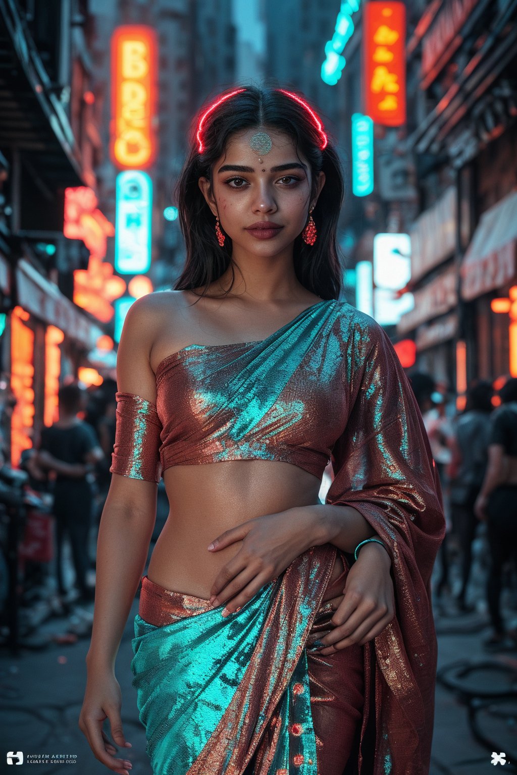 In the cyberpunk world of neon-lit alleys and holographic advertisements, a mystical fantasy bioluminescent woman emerges. The 18-year-old subject stands confidently, her symmetrical face aglow with glowing dots that pulse softly. A flowing neon saree wraps around her lithe figure, emitting a gentle hum as it reacts to her bio-glow. Delicate lines of neon tracing patterns on her skin seem to shift and shimmer in harmony with the light particles dancing across her body.,Bio Glowin neon line and dots on skin 