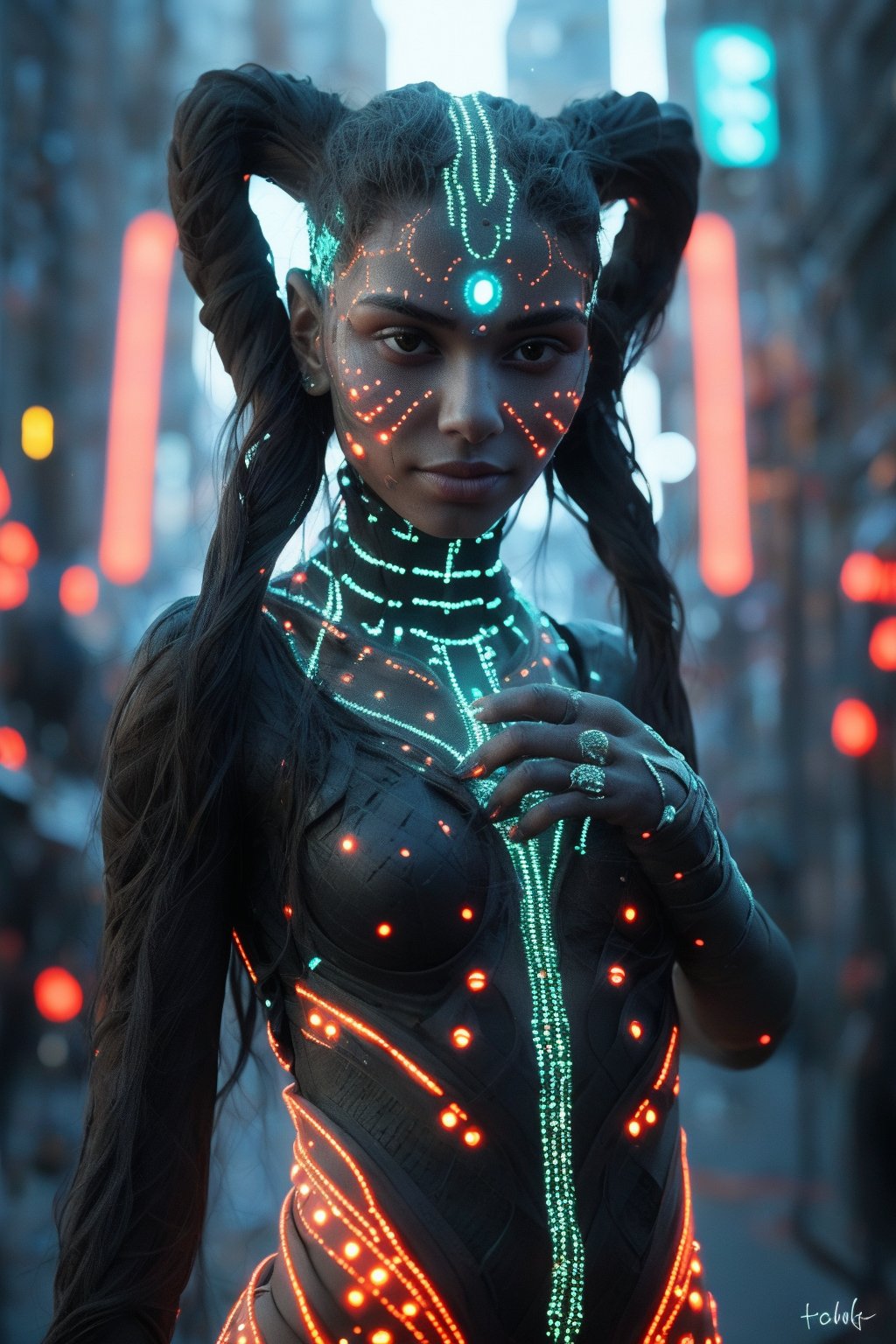 Alien,  non-human, multiple hands, tentacles, In the cyberpunk world of neon-lit alleys and holographic advertisements, a mystical fantasy bioluminescent woman emerges. The 18-year-old subject stands confidently, her symmetrical face aglow with glowing dots that pulse softly. A flowing neon saree wraps around her lithe figure, emitting a gentle hum as it reacts to her bio-glow. Delicate lines of neon tracing patterns on her skin seem to shift and shimmer in harmony with the light particles dancing across her body.,Bio Glowin neon line and dots on skin 