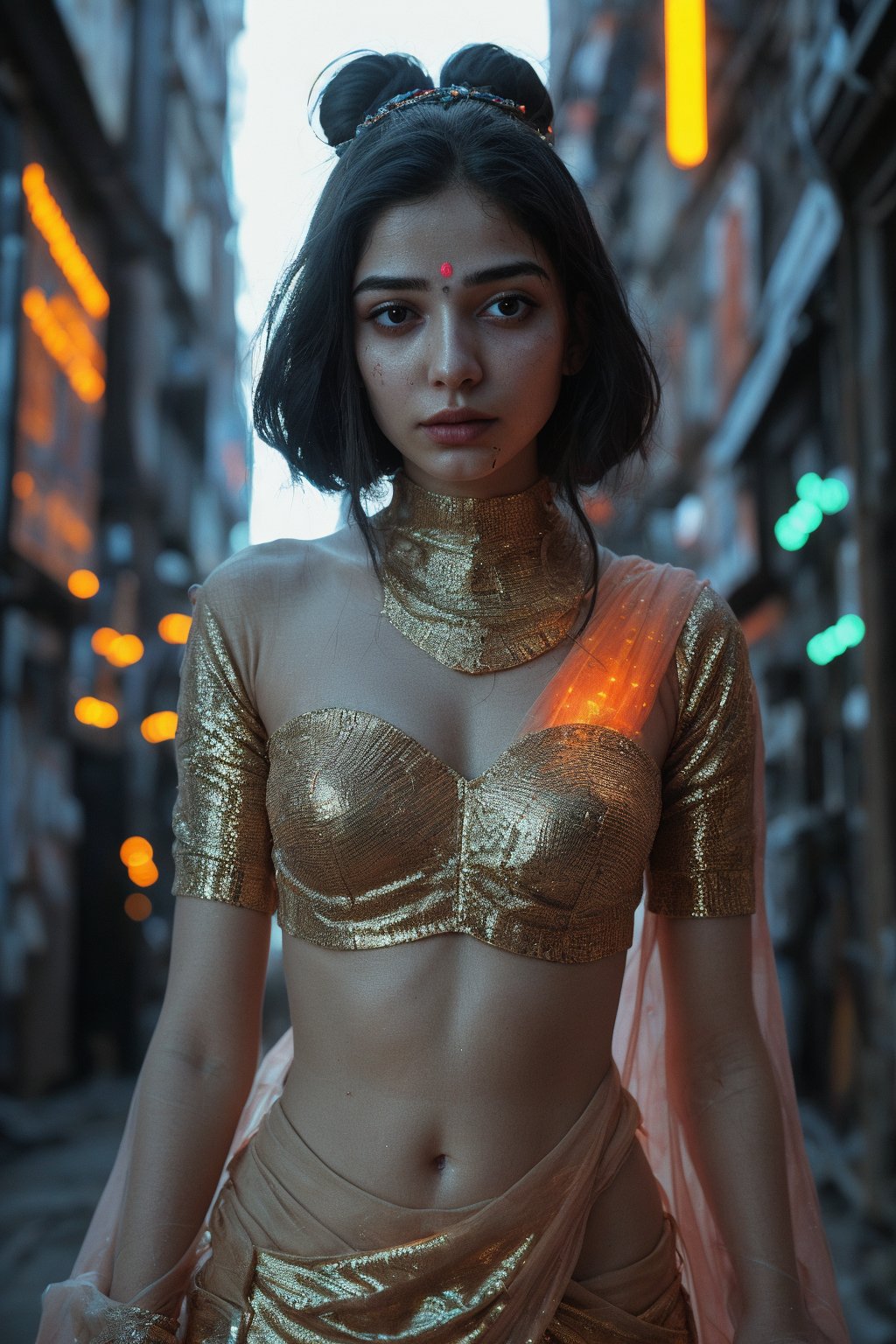 Alien,  goddess Durga, Indian traditional mythology god, multiple hands, parle skin, In the cyberpunk world of neon-lit alleys and holographic advertisements, a mystical fantasy bioluminescent woman emerges. The 28-year-old subject stands confidently, her symmetrical face aglow with glowing dots that pulse softly. A flowing neon saree wraps around her lithe figure, emitting a gentle hum as it reacts to her bio-glow. Delicate lines of neon tracing patterns on her skin seem to shift and shimmer in harmony with the light particles dancing across her body.,Bio Glowin neon line and dots on skin ,18yo girl