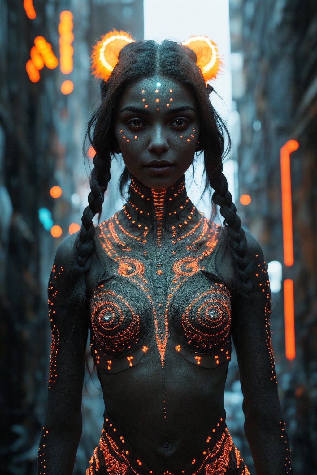 Alien,  non-human, multiple hands, tentacles, In the cyberpunk world of neon-lit alleys and holographic advertisements, a mystical fantasy bioluminescent woman emerges. The 18-year-old subject stands confidently, her symmetrical face aglow with glowing dots that pulse softly. A flowing neon saree wraps around her lithe figure, emitting a gentle hum as it reacts to her bio-glow. Delicate lines of neon tracing patterns on her skin seem to shift and shimmer in harmony with the light particles dancing across her body.,Bio Glowin neon line and dots on skin 