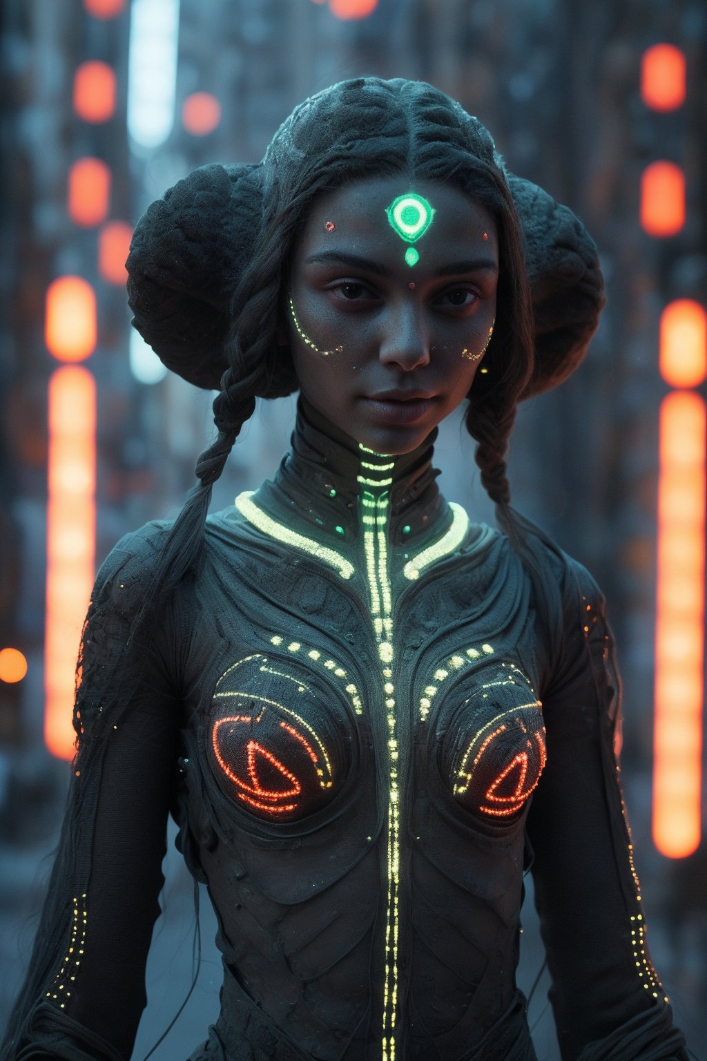 Alien,  non-human, multiple hands, parle skin, In the cyberpunk world of neon-lit alleys and holographic advertisements, a mystical fantasy bioluminescent woman emerges. The 28-year-old subject stands confidently, her symmetrical face aglow with glowing dots that pulse softly. A flowing neon saree wraps around her lithe figure, emitting a gentle hum as it reacts to her bio-glow. Delicate lines of neon tracing patterns on her skin seem to shift and shimmer in harmony with the light particles dancing across her body.,Bio Glowin neon line and dots on skin 