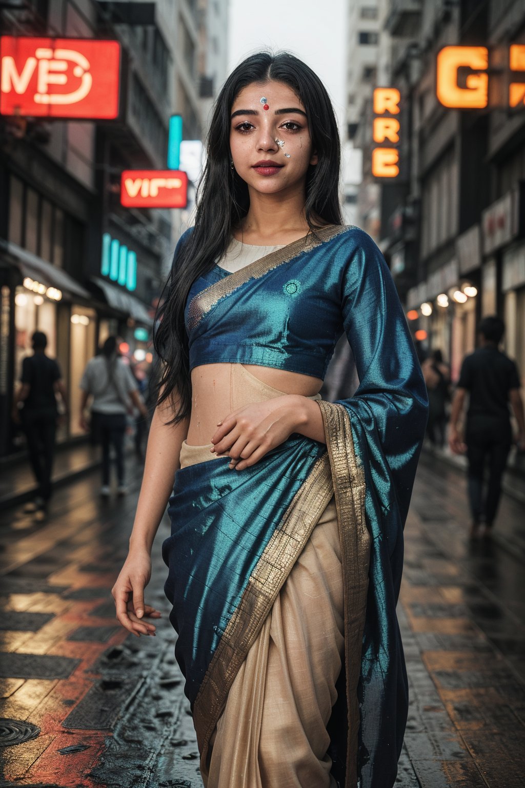 In the midst of a cyberpunk metropolis, an otherworldly being emerges. A 18-year-old girl with symmetrical neon lines etched onto her face and body, radiates an ethereal glow. Her visage is adorned with glowing dots that dance across her skin like fireflies on a summer night. The neon saree wraps around her slender figure, pulsating with an electric blue hue. As she walks through the city's neon-drenched streets, light particles swirl around her, casting an iridescent glow on the wet pavement. Her bio-luminescent body is a marvel of technology and mysticism, as if the very fabric of reality has been woven into her being.