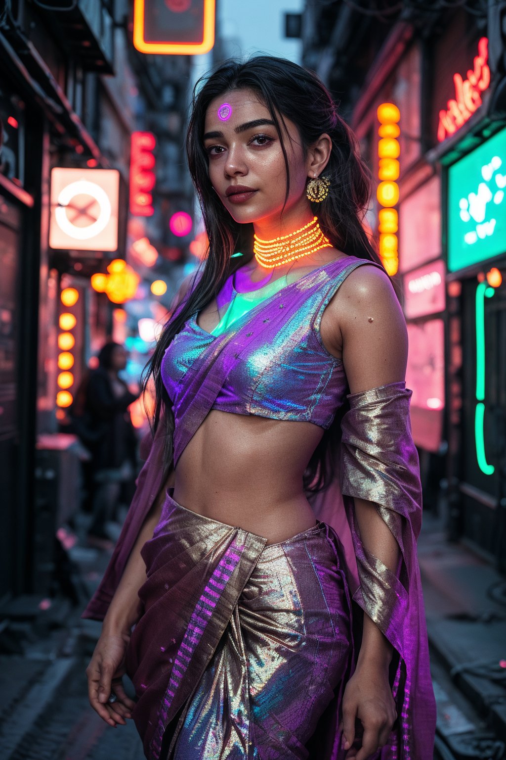 In the cyberpunk world of neon-lit alleys and holographic advertisements, a mystical fantasy bioluminescent woman emerges. The 18-year-old subject stands confidently, her symmetrical face aglow with glowing dots that pulse softly. A flowing neon saree wraps around her lithe figure, emitting a gentle hum as it reacts to her bio-glow. Delicate lines of neon tracing patterns on her skin seem to shift and shimmer in harmony with the light particles dancing across her body.,Bio Glowin neon line and dots on skin 