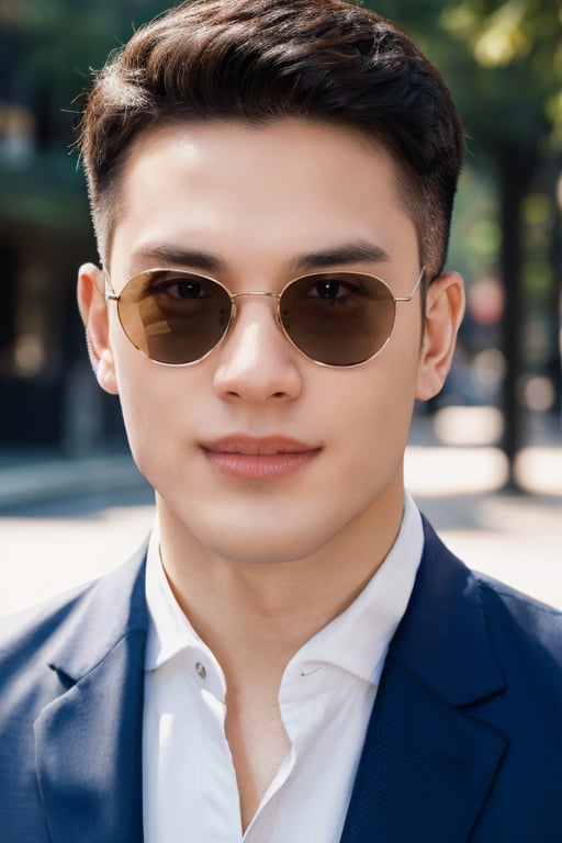 Asian man,handsome ,sun glasses ,upper body, muscle ,realistic,  blue shirt, black suit,  focus subject, face grisp rendering , smile 