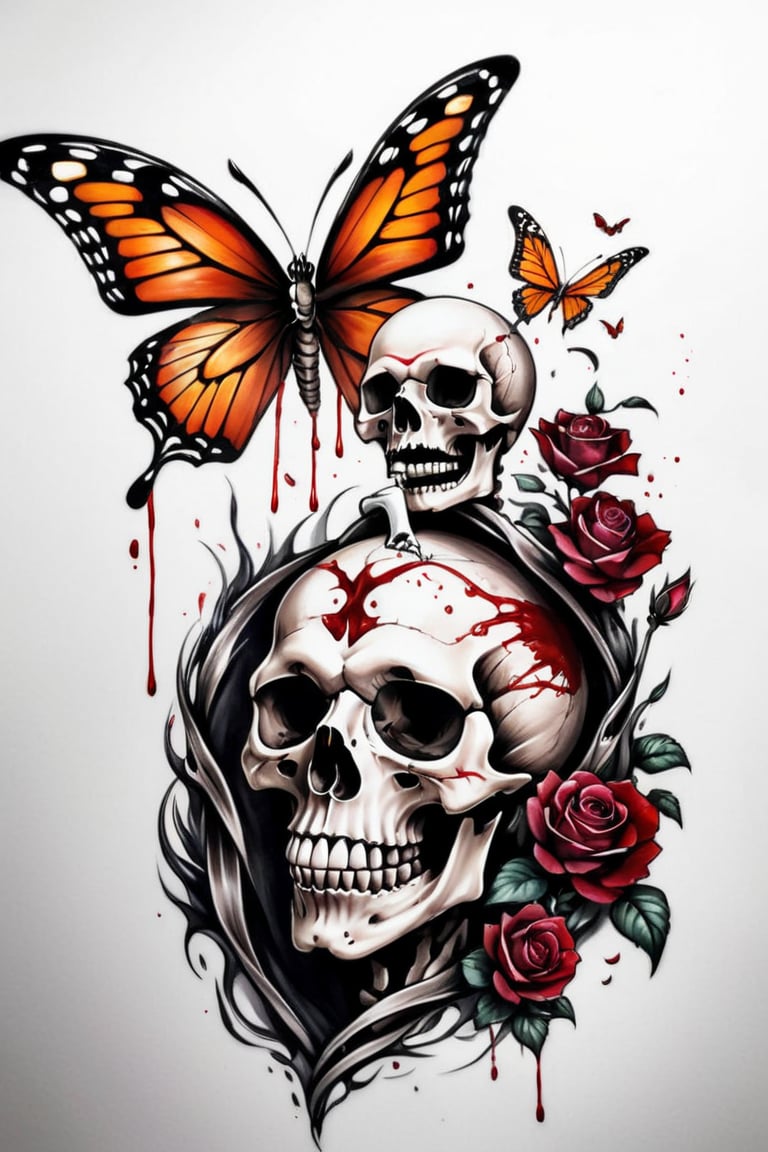 A skeleton was bleeding, holding a sickle, and butterflies were flying, draktattoo, white background, tattoo
