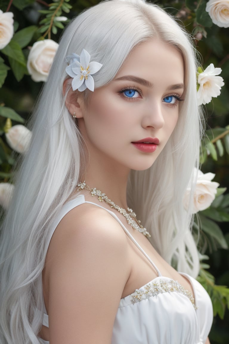 1girl, solo, long hair, looking at viewer, blue eyes, hair ornament, dress, upper body, flower, white hair, parted lips, hair flower, lips, realistic