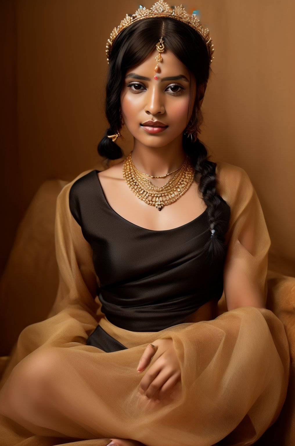 1girl, solo, looking at viewer, black hair, dress, jewelry, sitting, braid, necklace, crown, realistic , queen girl of India 