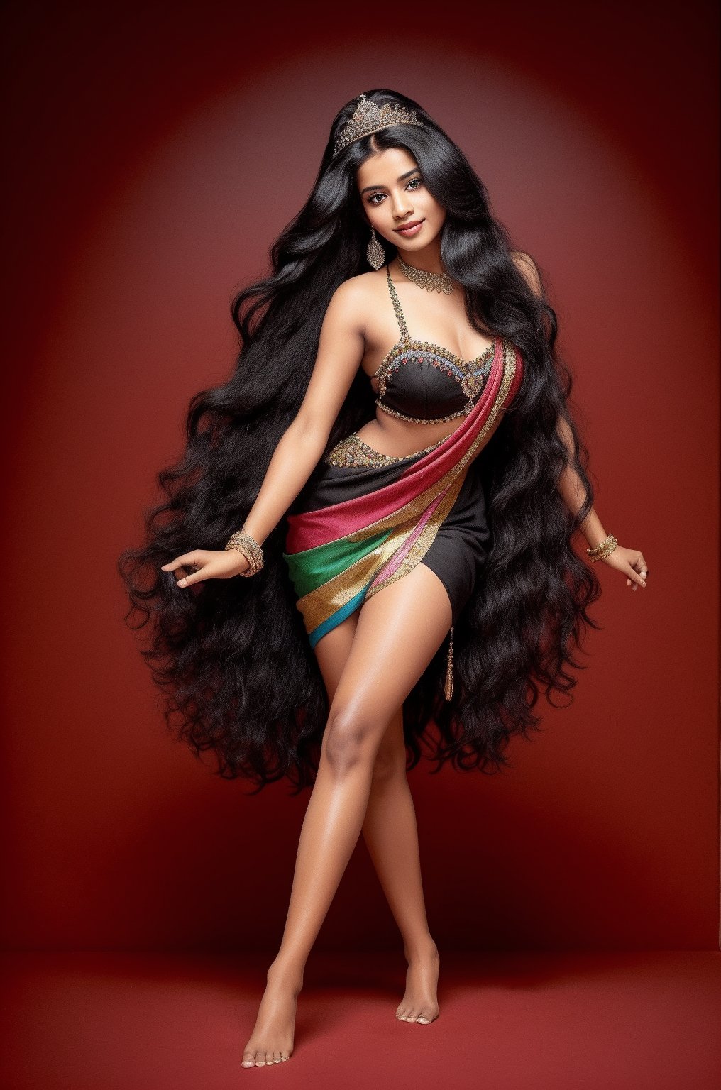 (masterpiece), 1girl, long hair, black, colorfull hair, (smile:0.5), dress, ,Girl ,Queen ,India 