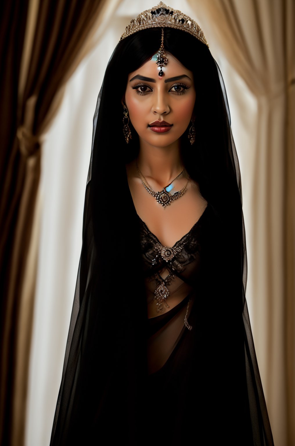 1girl, solo, long hair, black hair, royal dress, jewelry, upper body, earrings, black eyes, lips, curtains, veil, realistic, queen of India, crown_braid 