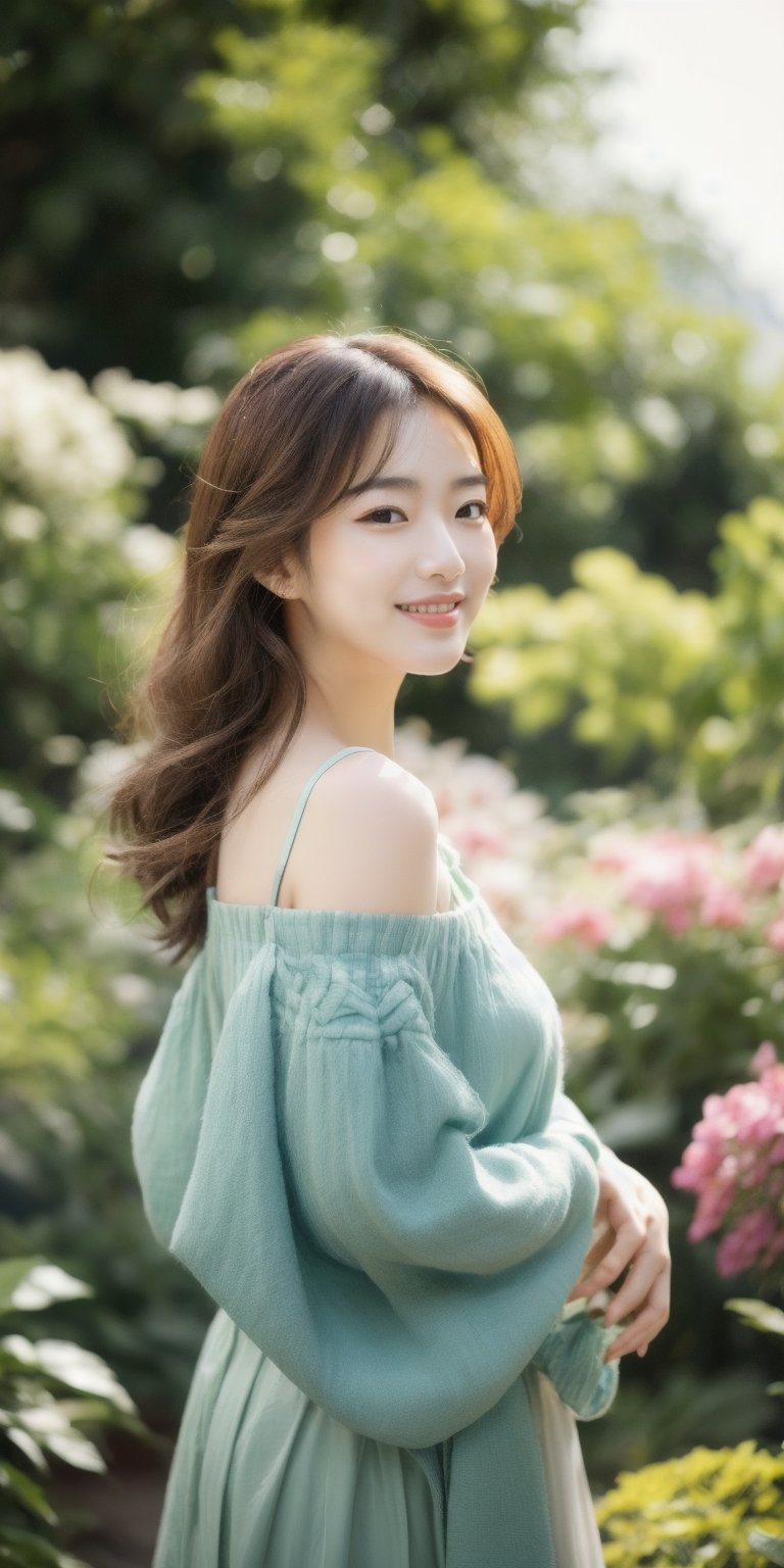 A korean beauty, in the garden, flying hairs, smile, off_shoulders ,standing,masterpiece,Beauty, looking_at_camera
