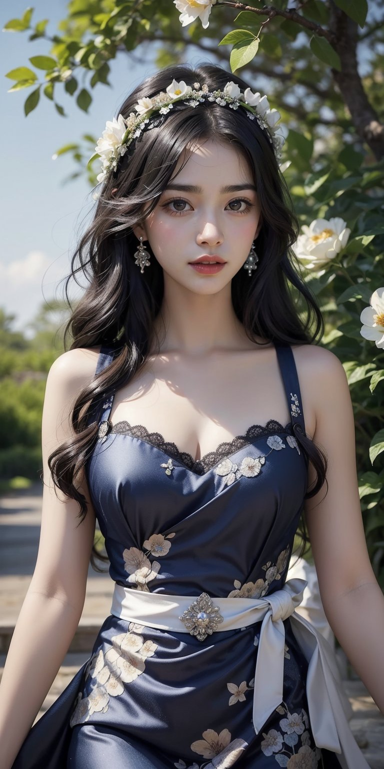 In the heart of an enchanted garden, a woman with cascading curls of midnight black tends to the flowers with gentle care. Her skin is as pale as the petals she lovingly tends, and she wears a simple dress of azure blue, tied with a sash of silver that glimmers in the sunlight.
,Korean,masterpiece