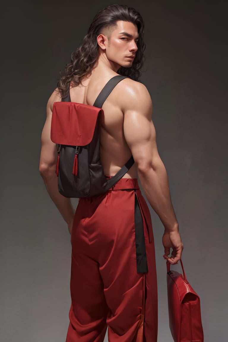 masterpiece, best quality, photorealistic, raw photo,alone man,long wavy hair,daily chinese outfit with back bag , light, detailed skin, pore, low key, blinding background 