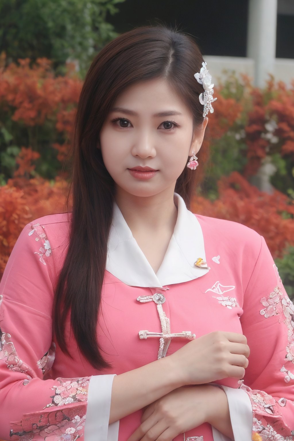 1girl, solo, looking at viewer, black hair, hair ornament, long sleeves, brown eyes, jewelry, upper body, flower, earrings, hair flower, wide sleeves, lips, chinese clothes, realistic, red lips, korean clothes,Cyberpunk