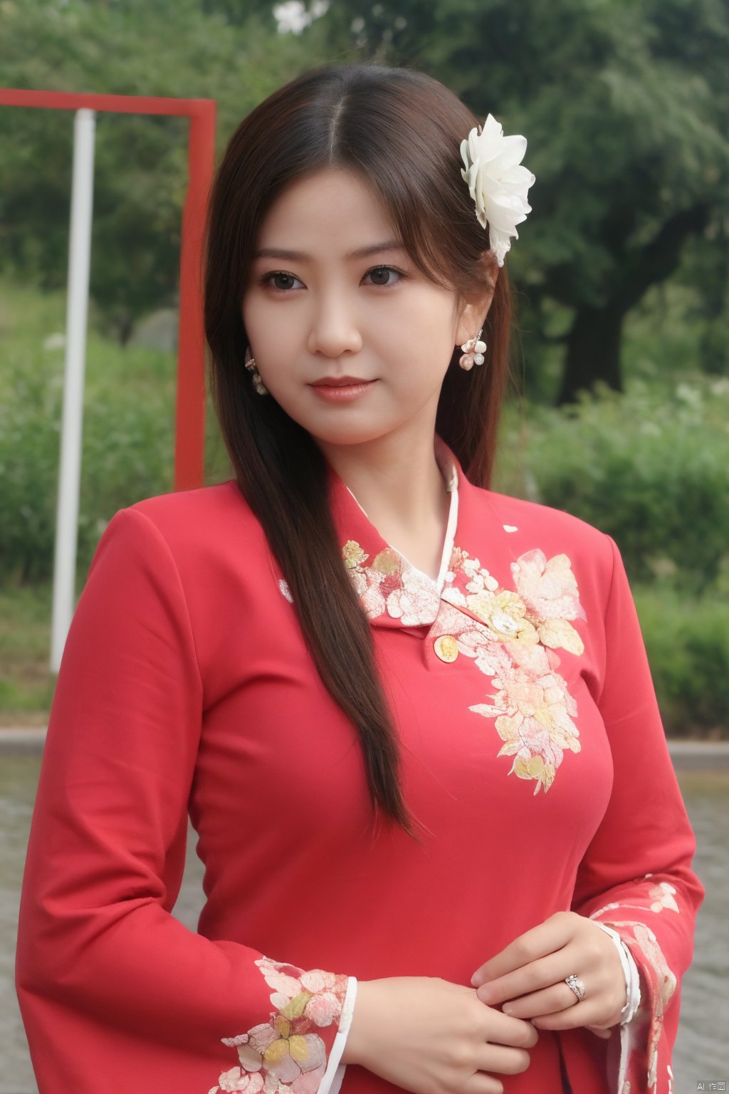 1girl, solo, looking at viewer, black hair, hair ornament, long sleeves, brown eyes, jewelry, upper body, flower, earrings, hair flower, wide sleeves, lips, chinese clothes, realistic, red lips, korean clothes,Cyberpunk