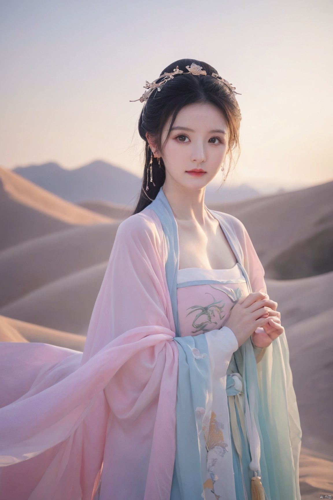 Surrealist beauty photo, hanfu,Xtianxiwei,(big_breasts:1.29), Yunxiao_Fairy,1girl,moyou, Yunxiao_xianzi, desert_sky, song_hanfu