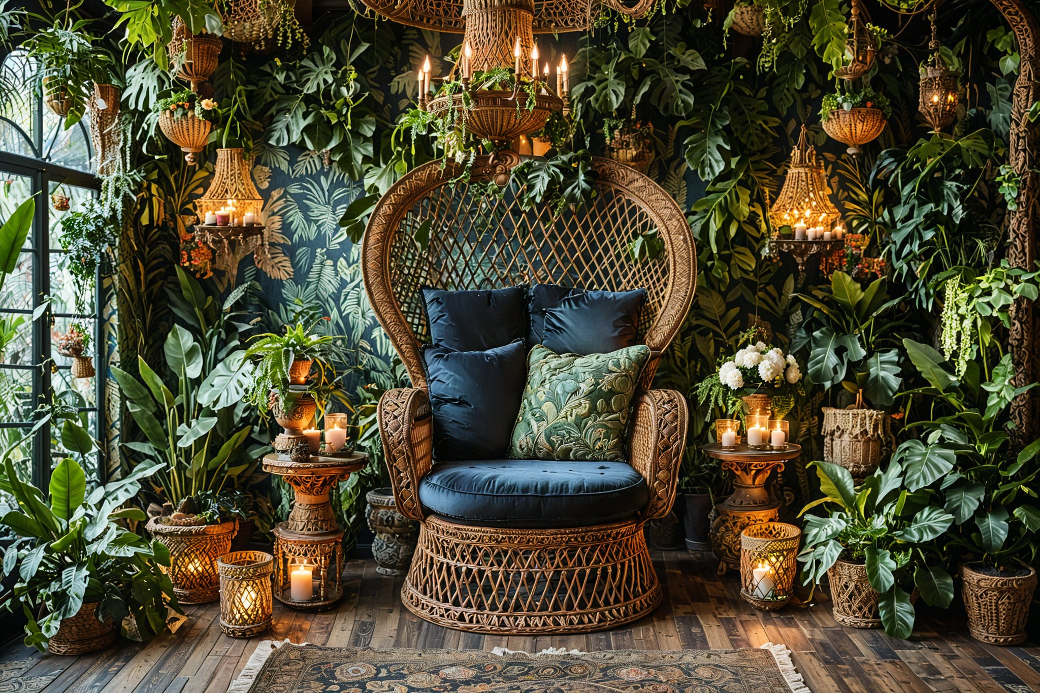 A cozy indoor setting, dominated by a large, ornate wicker chair with a plush cushion. The chair is surrounded by an array of potted plants, some of which are suspended from the ceiling. The room is illuminated by a series of candles, casting a warm glow. The backdrop features a dark, intricately patterned wallpaper, and there's a decorative chandelier hanging from the ceiling. The floor is wooden, and there are various other decorative items scattered around, including a small table with a vase and a cushion with a unique design.