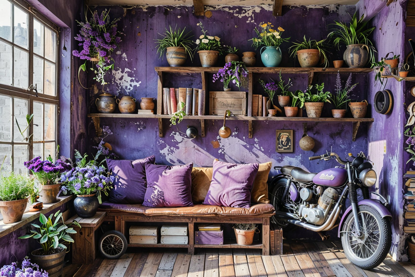 A cozy corner of a room with rustic and vintage decor. A wooden bench with cushions is placed near a window, adorned with potted plants. Above the bench, wooden shelves hold a variety of items, including books, pots, and a bicycle. The walls have a distressed purple finish with patches and holes. A vintage motorcycle leans against the wall, and a bouquet of purple flowers adds a splash of color. The room exudes a sense of nostalgia and comfort.