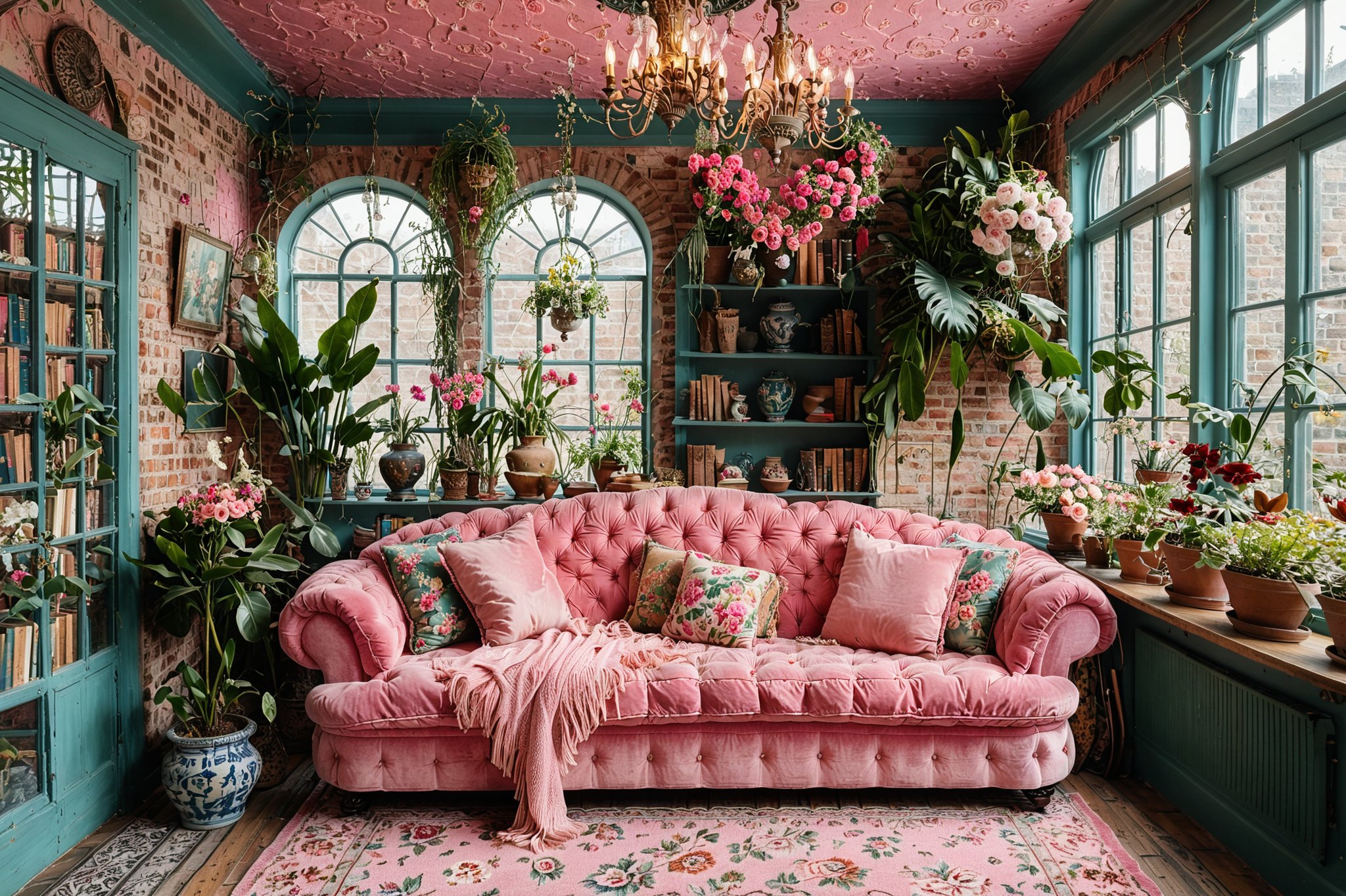 A cozy indoor space, possibly a conservatory or a sunroom. The room is adorned with a pink tufted sofa, floral cushions, and a variety of potted plants. Above the sofa hangs a unique pink chandelier. The walls are decorated with floral wallpapers and vintage framed artworks. A glass ceiling allows sunlight to pour in, illuminating the space. To the left, there's a wooden shelf with books and decorative items, and to the right, a window overlooks a brick building. The floor is covered with a patterned rug, and a small wooden table with a vase of flowers is placed near the sofa.