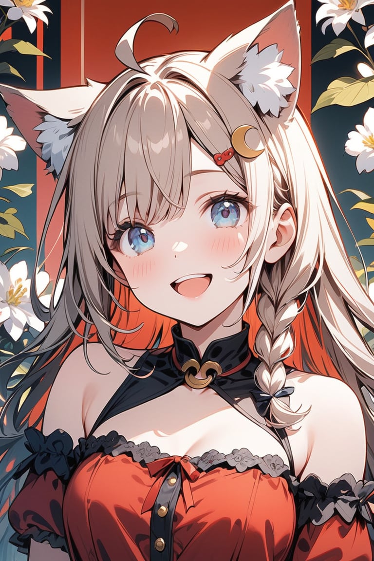 Masterpiece, beautiful details, perfect focus, uniform 8K wallpaper, high resolution, detailed texture, 1 girl, solo, blue eyes, light brown hair, red inner hair, long hair, smile, happy, open mouth, single Braids, straight bangs, ahoge, crescent-shaped hairpin, big red ribbon, fluffy cat ears, eyebrows, off-shoulder dress, hairpin, (((upper body: 1.5))), "A girl wearing (lingerie) looks at the camera Generates an illustration that stands in front of a floral background. ”