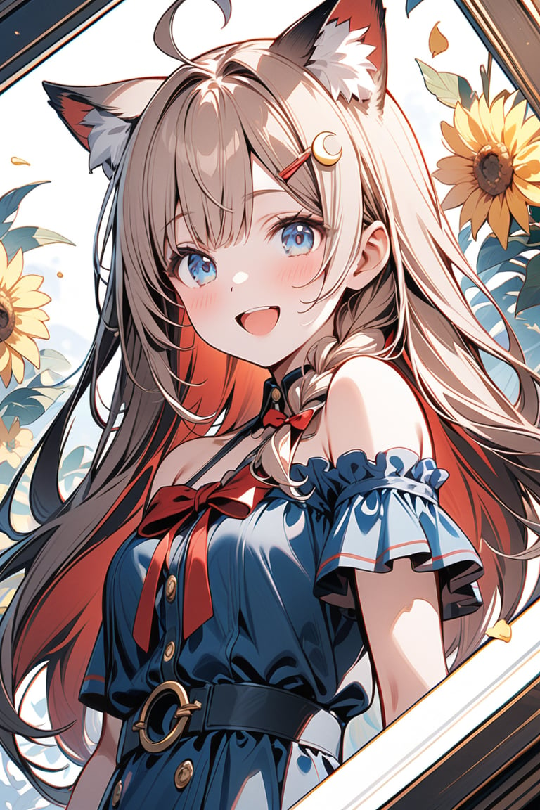 Masterpiece, beautiful details, perfect focus, uniform 8K wallpaper, high resolution, detailed texture, 1 girl, solo, blue eyes, light brown hair, red inner hair, long hair, smile, happy, open mouth, single Braids, straight bangs, ahoge, crescent-shaped hairpin, big red ribbon, fluffy cat ears, eyebrows, off-shoulder dress, hairpin, (((upper body: 1.5))), "A girl wearing (lingerie) looks at the camera Generates an illustration that stands in front of a floral background. ”