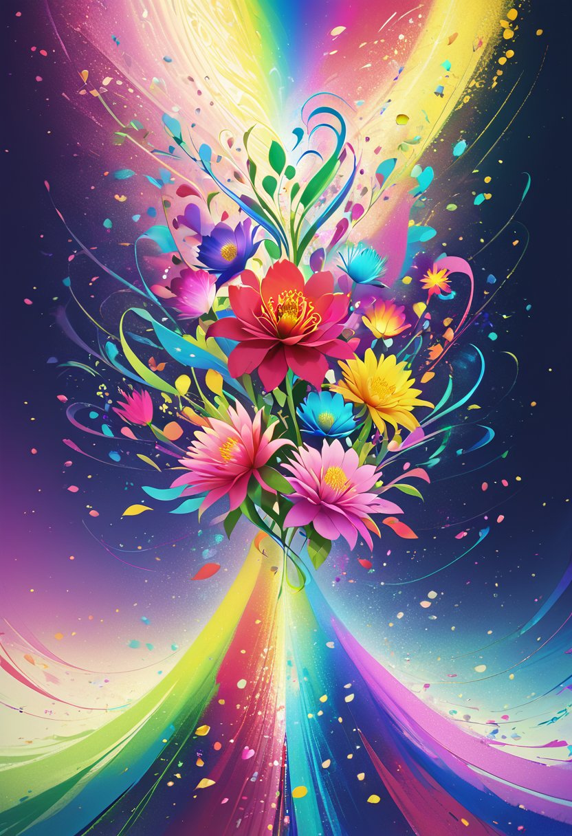 official art, unity 8k wallpaper, ultra detailed, beautiful and aesthetic, masterpiece, best quality,
A stunningly vibrant close-up of a colorful flower petal. Against this serene backdrop, a tiny, iridescent green insect about to perche delicately on the edge of the petal, colorful, abstract background, particles, abstract