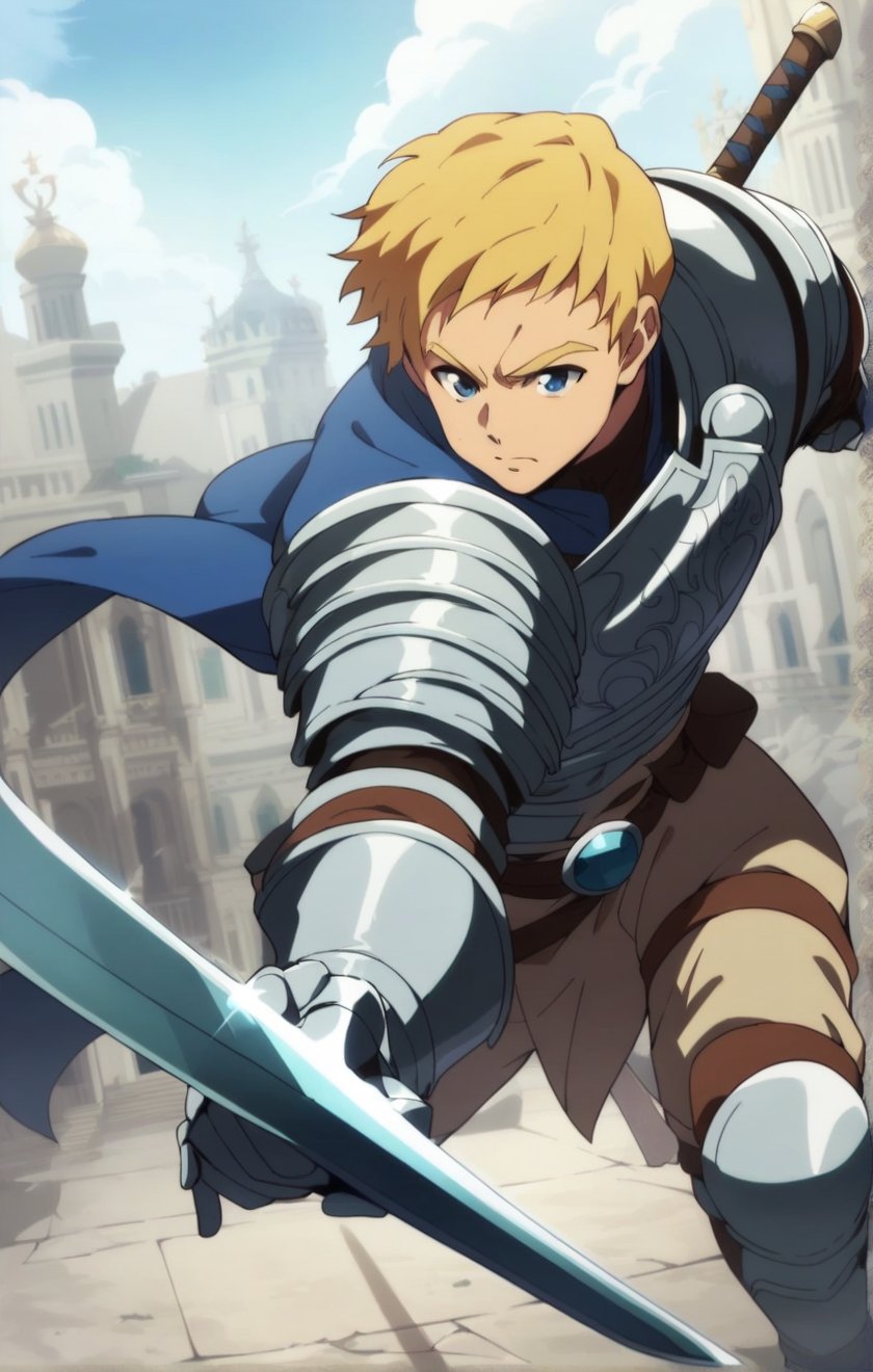 score_9, score_8_up, score_7_up, masterpiece, best quality, best aesthetic, 1boy, solo, solo focus, climb, armor, blonde hair, blue ayes, short-hair, sword, gauntlets, 