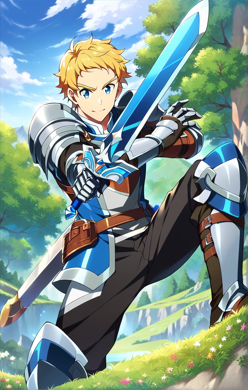 score_9, score_8_up, score_7_up, masterpiece, best quality, best aesthetic, 1boy, solo, solo focus, climb, armor, blonde hair, blue ayes, short-hair, sword, gauntlets, 