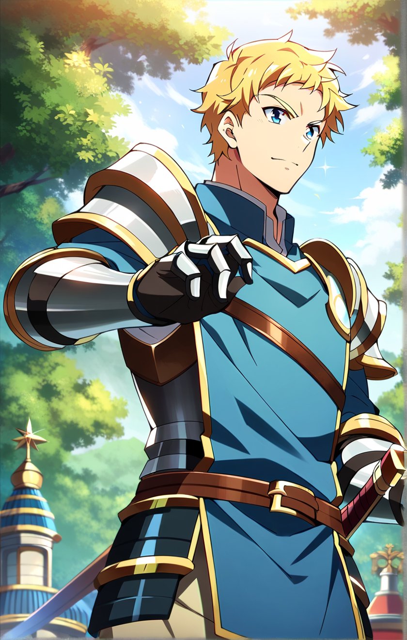 score_9, score_8_up, score_7_up, masterpiece, best quality, best aesthetic, 1boy, solo, solo focus, climb, armor, blonde hair, blue ayes, short-hair, sword, gauntlets, 