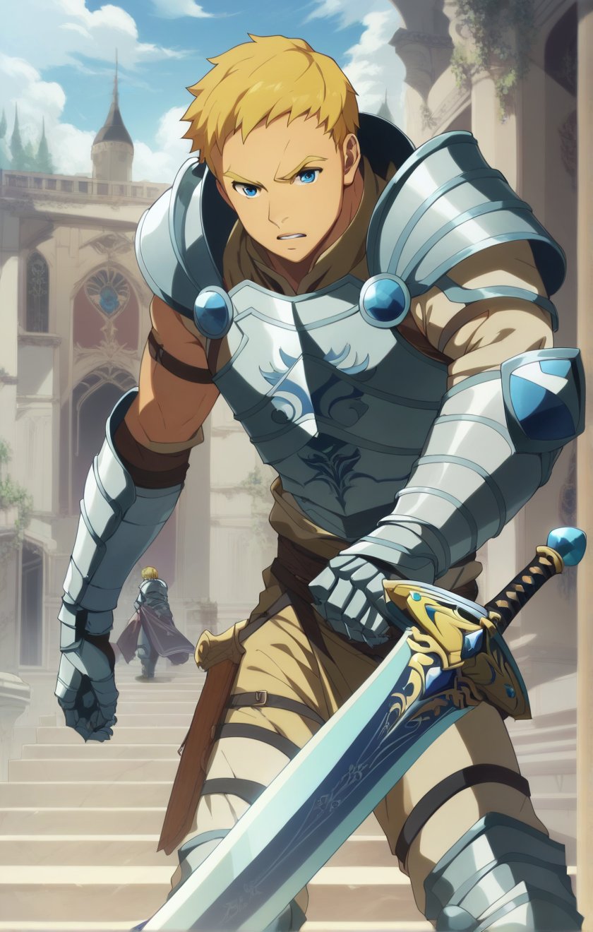 score_9, score_8_up, score_7_up, masterpiece, best quality, best aesthetic, 1boy, solo, solo focus, climb, armor, blonde hair, blue ayes, short-hair, sword, gauntlets, 