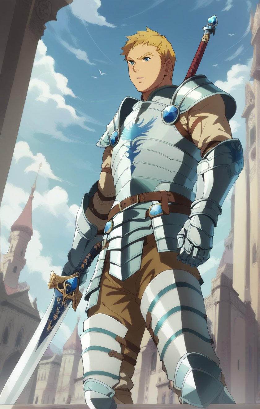 score_9, score_8_up, score_7_up, masterpiece, best quality, best aesthetic, 1boy, solo, solo focus, climb, armor, blonde hair, blue ayes, short-hair, sword, gauntlets, 