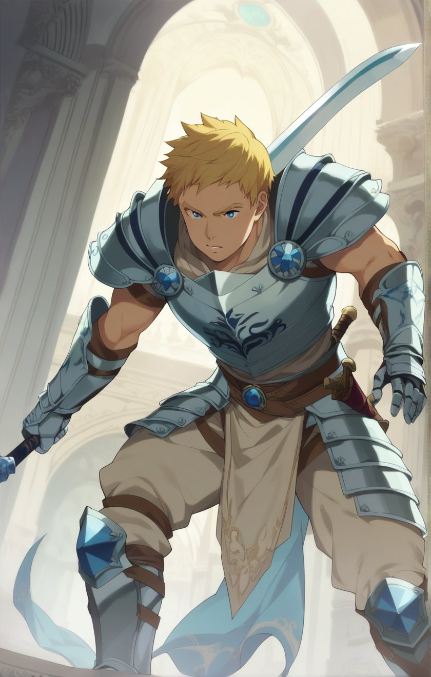 score_9, score_8_up, score_7_up, masterpiece, best quality, best aesthetic, 1boy, solo, solo focus, climb, armor, blonde hair, blue ayes, short-hair, sword, gauntlets, 