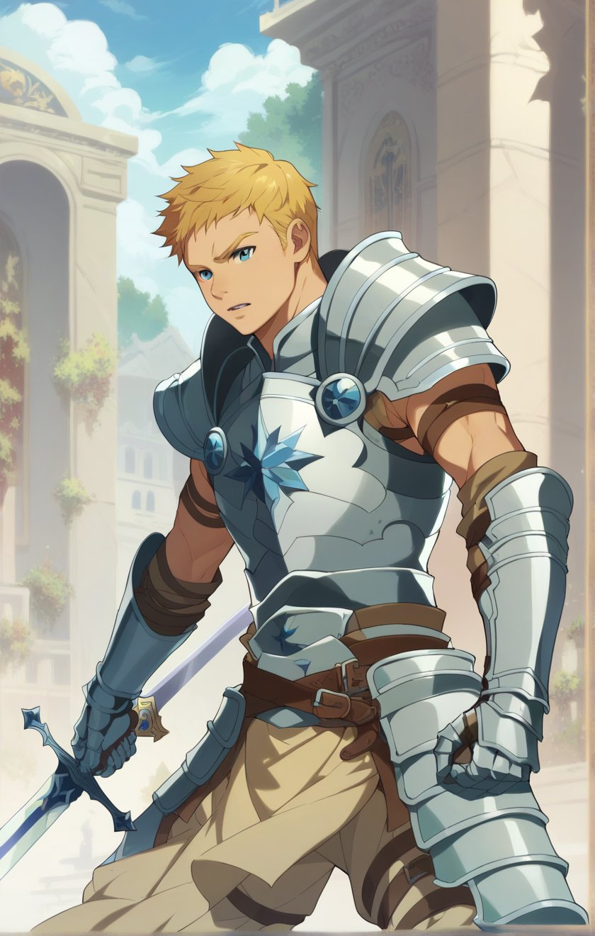 score_9, score_8_up, score_7_up, masterpiece, best quality, best aesthetic, 1boy, solo, solo focus, climb, armor, blonde hair, blue ayes, short-hair, sword, gauntlets, 