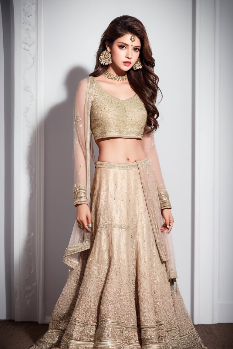 Full body image, realistic photograph of a beautiful woman, 25 years old, athletic body, very light brown hair, brown eyes, small earring in right ear, very long eyelashes, sensual lips, medium breasts,, wearing indian wedding dress 