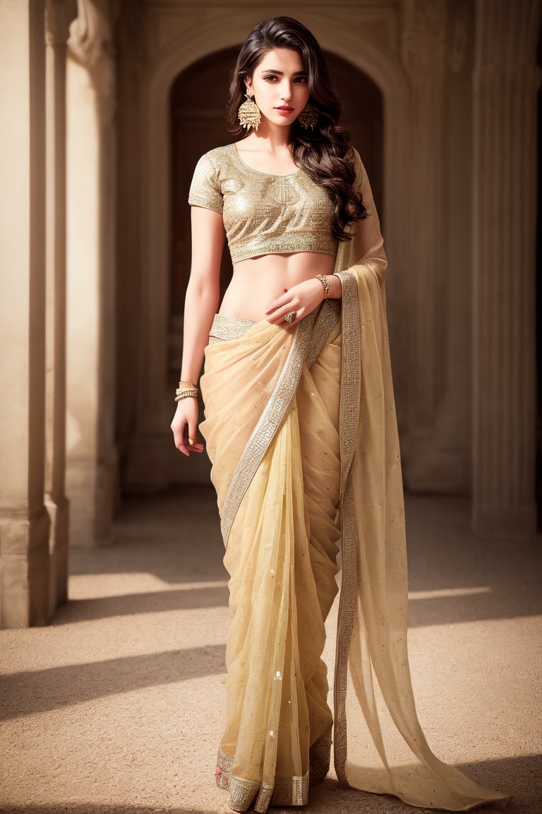 Full body image, realistic photograph of a beautiful woman, 25 years old, athletic body, very light brown hair, brown eyes, small earring in right ear, very long eyelashes, sensual lips, medium breasts,, wearing fancy saree 