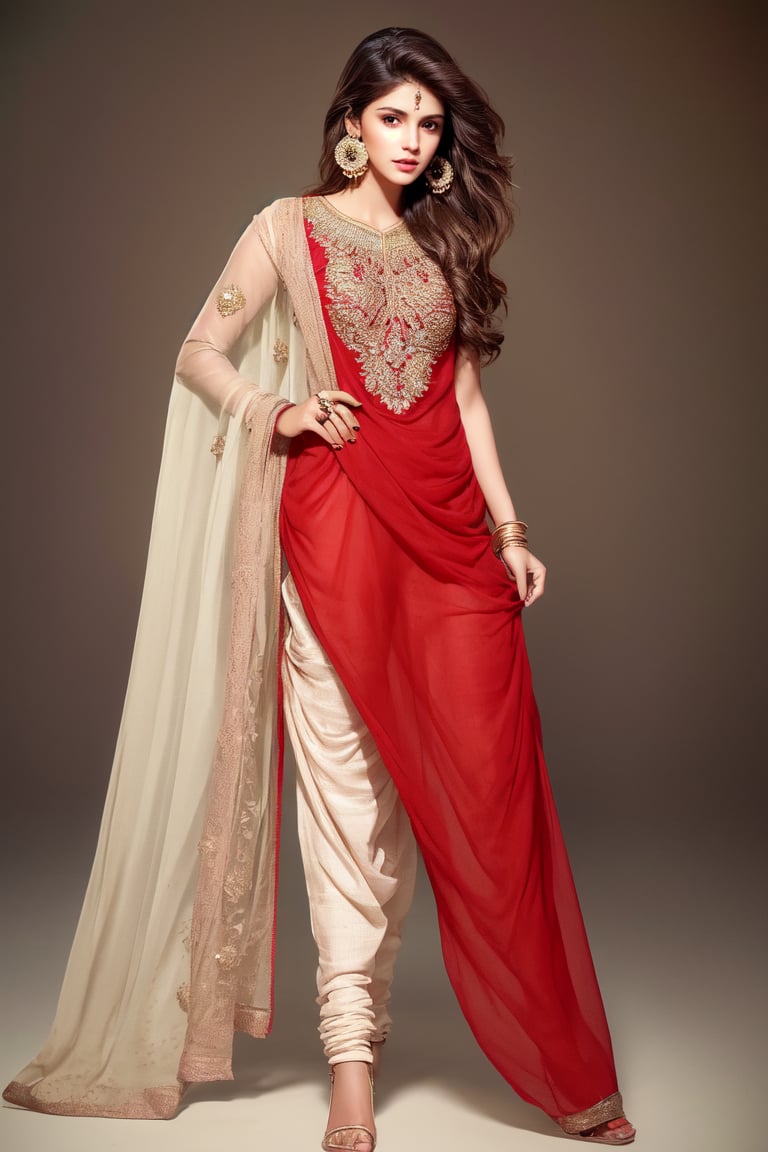 Full body image, realistic photograph of a beautiful woman, 25 years old, athletic body, very light brown hair, brown eyes, small earring in right ear, very long eyelashes, sensual lips, medium breasts,, wearing indian white  shalwar & red kameez with dupatta 
,India ,Indian 