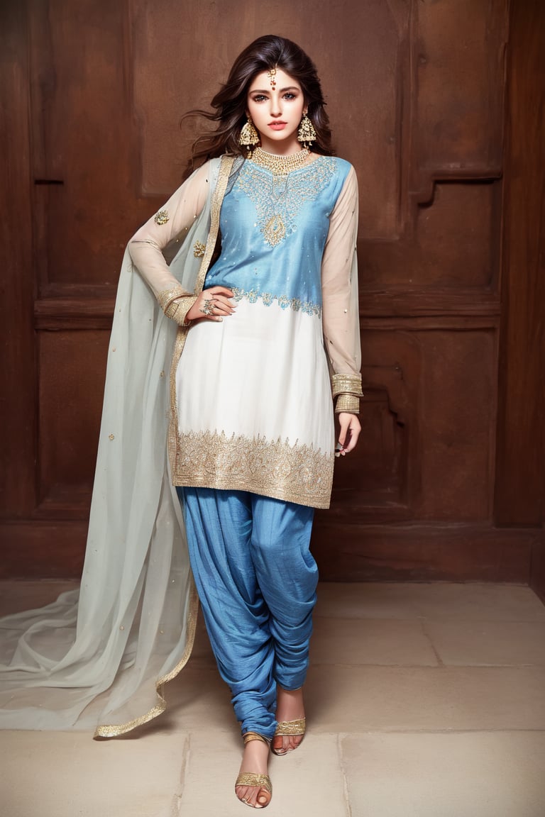 Full body image, realistic photograph of a beautiful woman, 25 years old, athletic body, very light brown hair, brown eyes, small earring in right ear, very long eyelashes, sensual lips, medium breasts,, wearing indian white  shalwar & blue kameez with dupatta 
,India ,Indian 