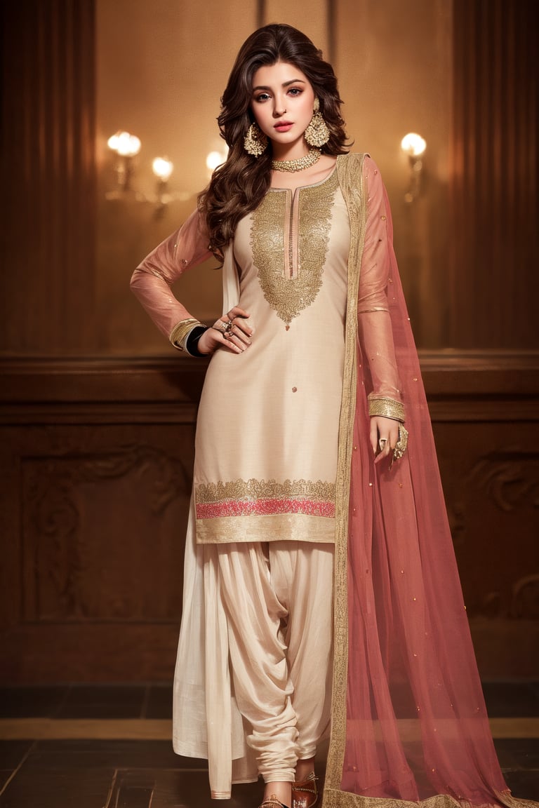 Full body image, realistic photograph of a beautiful woman, 25 years old, athletic body, very light brown hair, brown eyes, small earring in right ear, very long eyelashes, sensual lips, medium breasts,, wearing salwar suit 