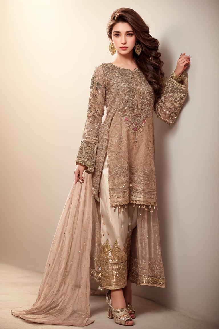 Full body image, realistic photograph of a beautiful woman, 25 years old, athletic body, very light brown hair, brown eyes, small earring in right ear, very long eyelashes, sensual lips, medium breasts,, wearing Pakistani traditional dress 