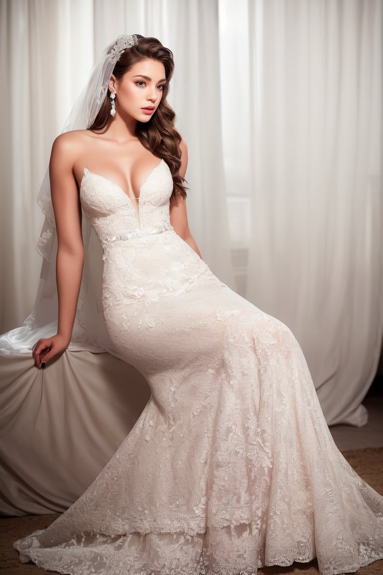 Full body image, realistic photograph of a beautiful woman, 25 years old, athletic body, very light brown hair, brown eyes, small earring in right ear, very long eyelashes, sensual lips, medium breasts,, wearing wedding dress 