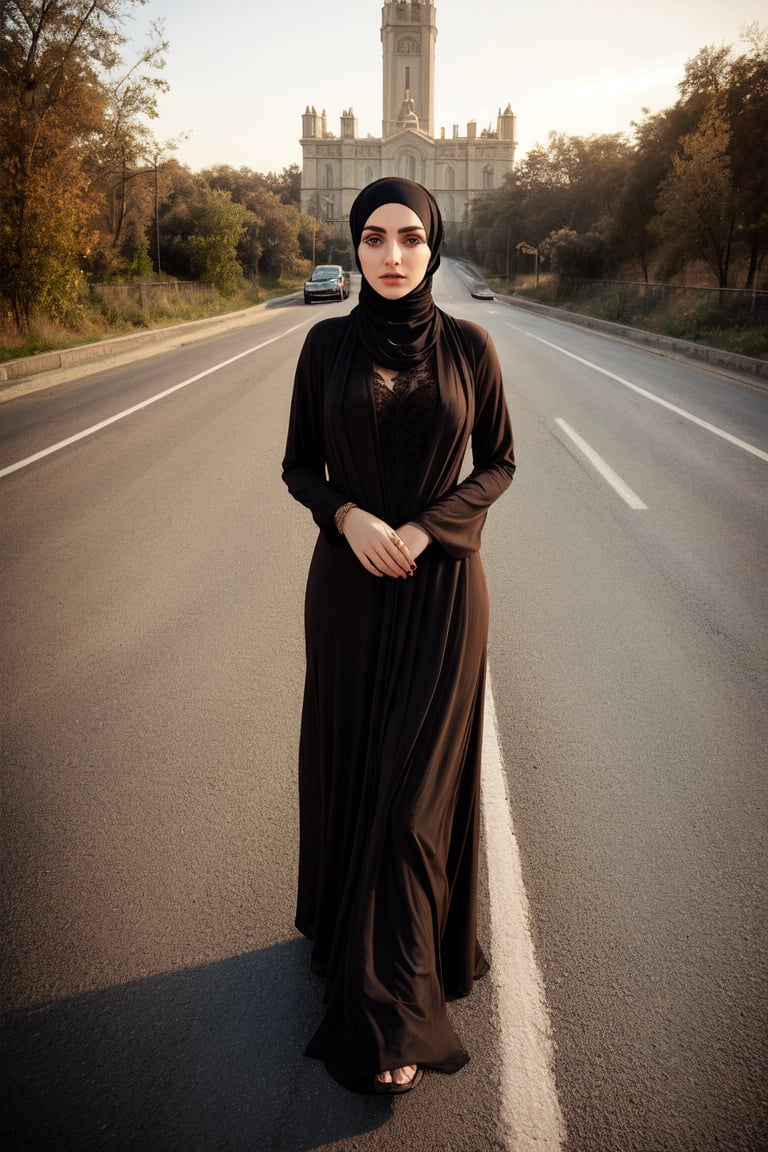 1 girl, realistic photograph of a beautiful woman, 25 years old,  brown eyes,  very long eyelashes, sensual lips, medium breasts,, wearing long  hijab , burqa
Crossing the road 