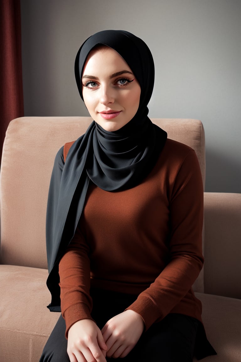 1 girl, realistic photograph of a beautiful woman, 25 years old,  brown eyes,  very long eyelashes, sensual lips, medium breasts,, wearing long  astin scarf hijab &burqa ,hand bag 
Sitting on a sofa 