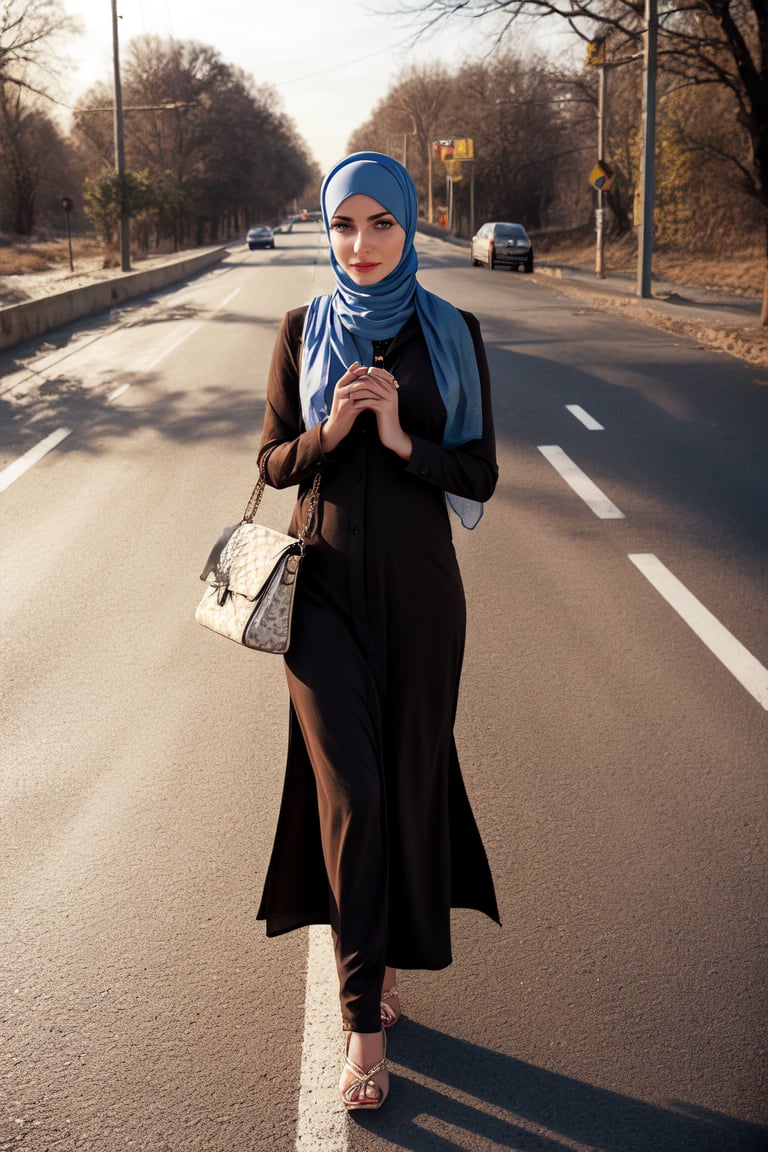 1 girl, realistic photograph of a beautiful woman, 25 years old,  brown eyes,  very long eyelashes, sensual lips, medium breasts,, wearing long  astin scarf hijab &burqa ,hand bag 
Crossing the road 