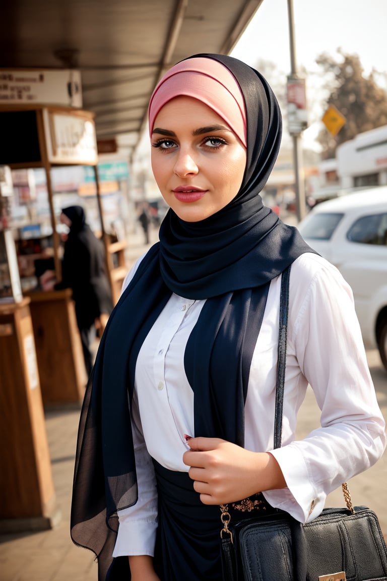 1 girl, realistic photograph of a beautiful woman, 25 years old,  brown eyes,  very long eyelashes, sensual lips, medium breasts,, wearing long  astin scarf hijab &burqa ,hand bag 
Standing at busstand 