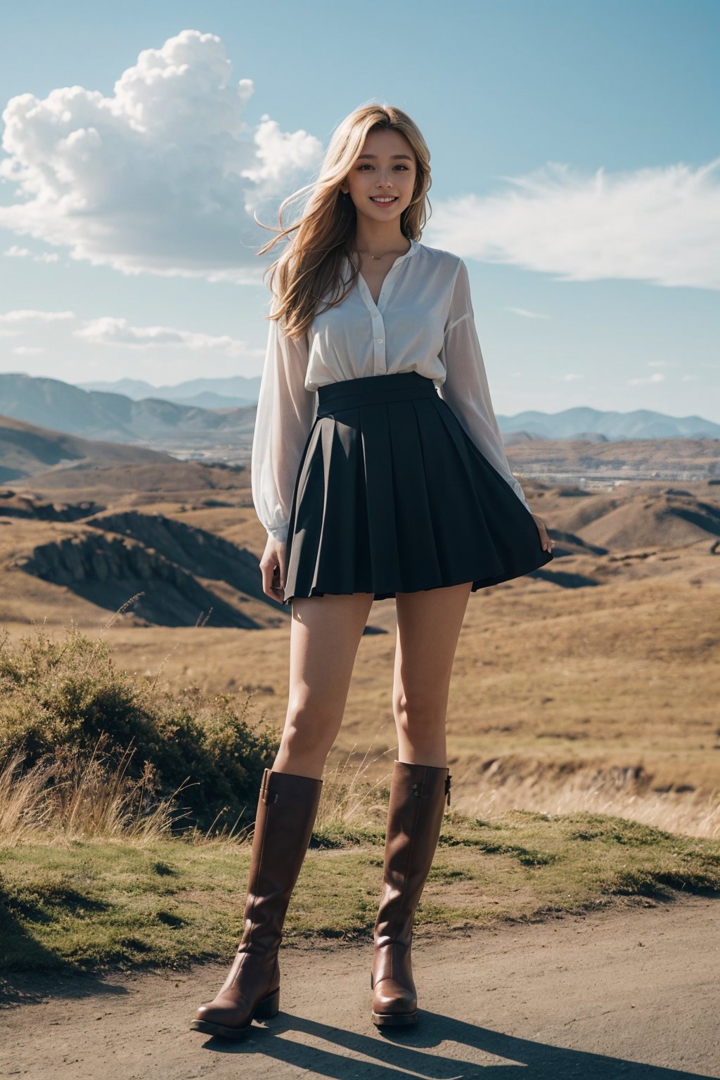 A young woman with long, flowing blonde hair stands tall in a vast, open landscape, her bright smile radiating warmth as she gazes up at the clear blue sky. A scattering of clouds drift lazily by, their soft wisps mirroring the gentle movement of her locks as they flutter in the breeze. She wears rugged boots and exudes confidence, her solo figure silhouetted against the breathtaking scenery.