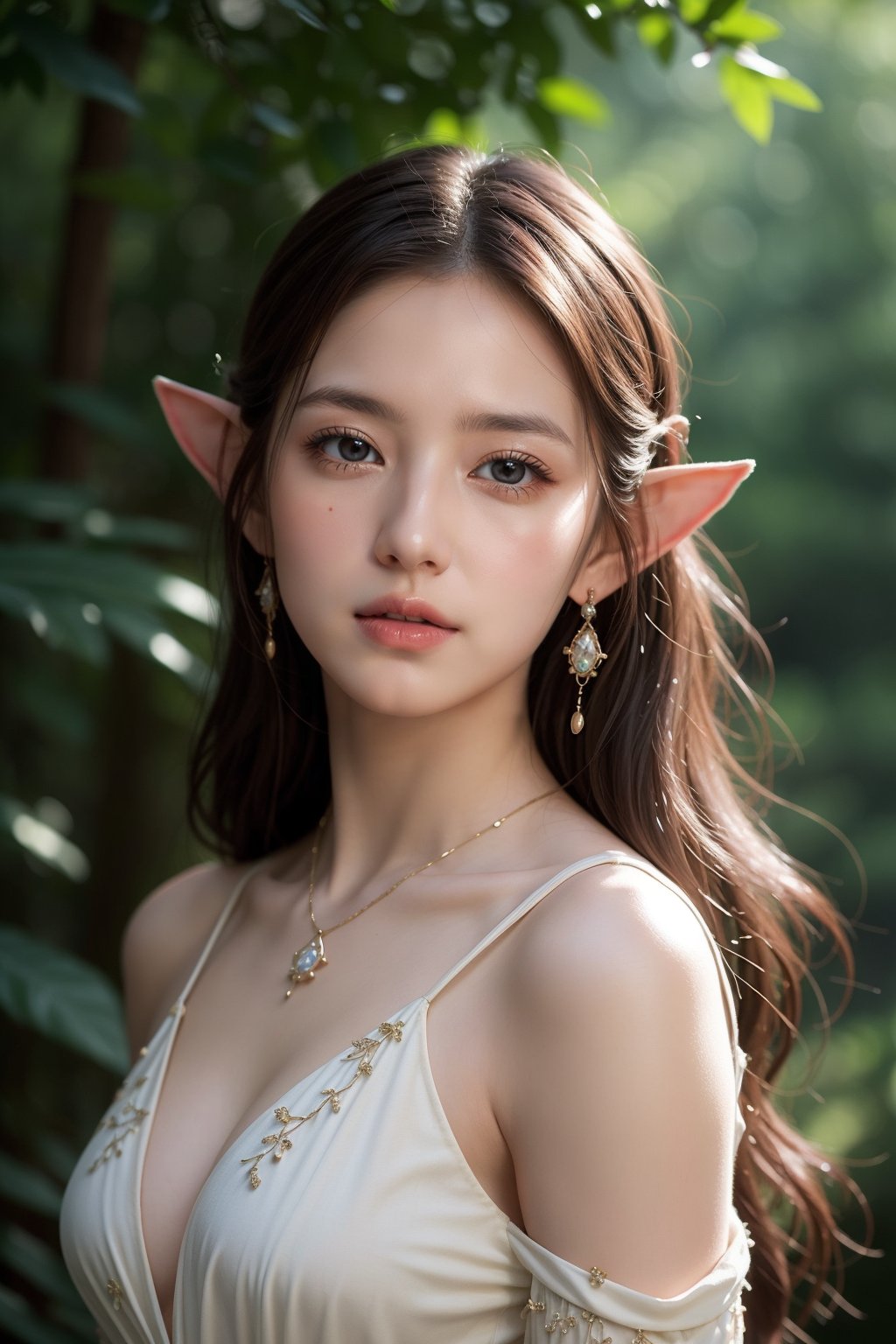 elf portrait, enchanting beauty, fantasy, ethereal glow, pointed ears, delicate facial features, long elegant hair, nature-themed attire, mystical ambiance, soft lighting, tranquil expression, harmonious with nature, subtle magical elements, serene, intricate jewelry, dreamlike quality, pastel colors