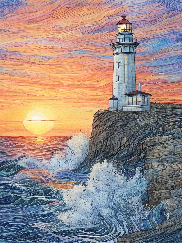 Sunset, ocean waves, cliff, lighthouse