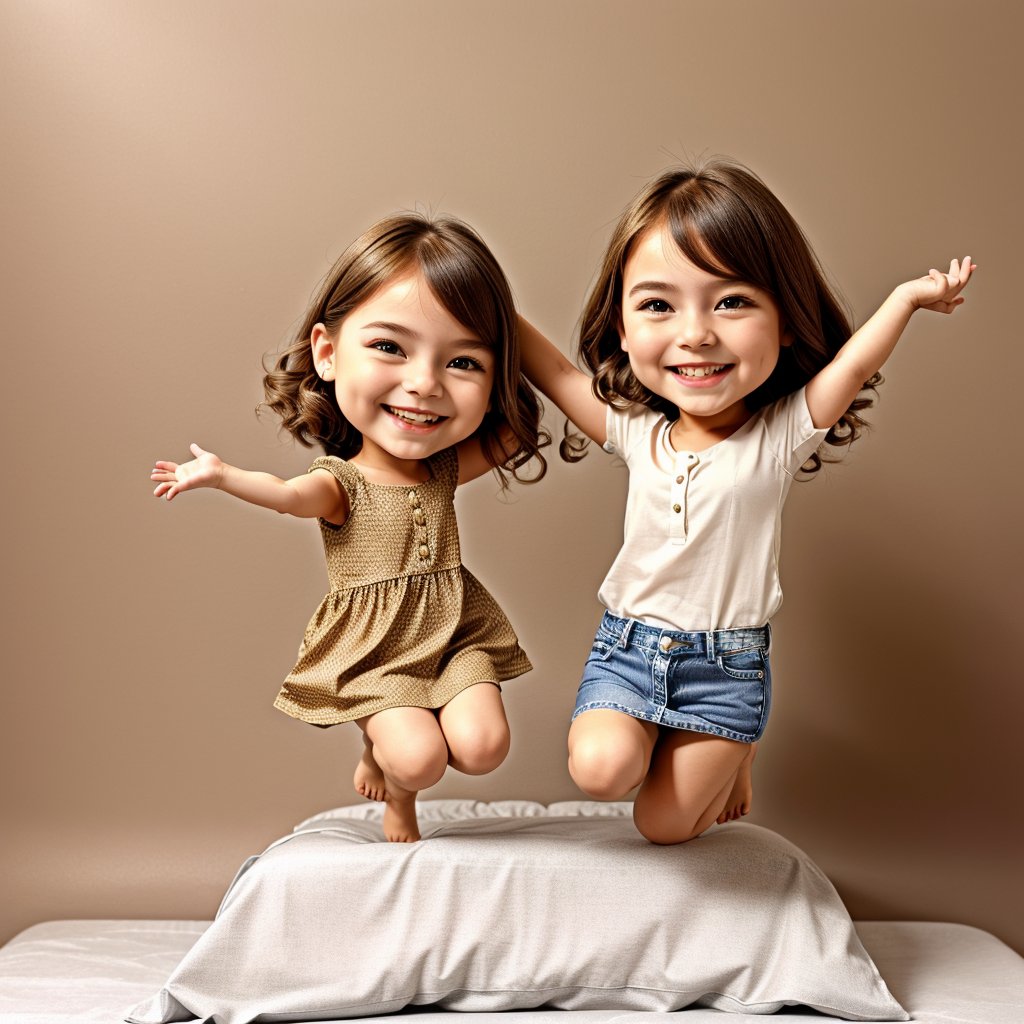 Happy chibi girl accompanied by her kitty, wearing JEANS modern dress, smiles, jumping on her bed. plain brown background, Tender
